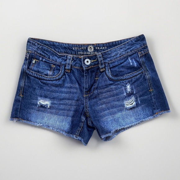 Velvet Heart Blue Distressed Denim Jean Shorts Raw Hem Women's Size 26 Logo‎ - Picture 1 of 5